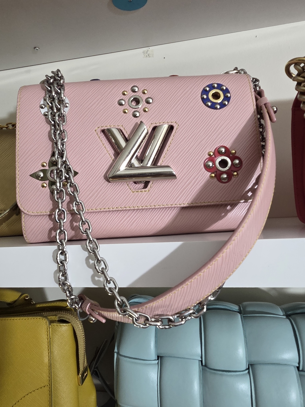 Louis Vuitton Pink Leather Chain Crossbody with Floral Studs